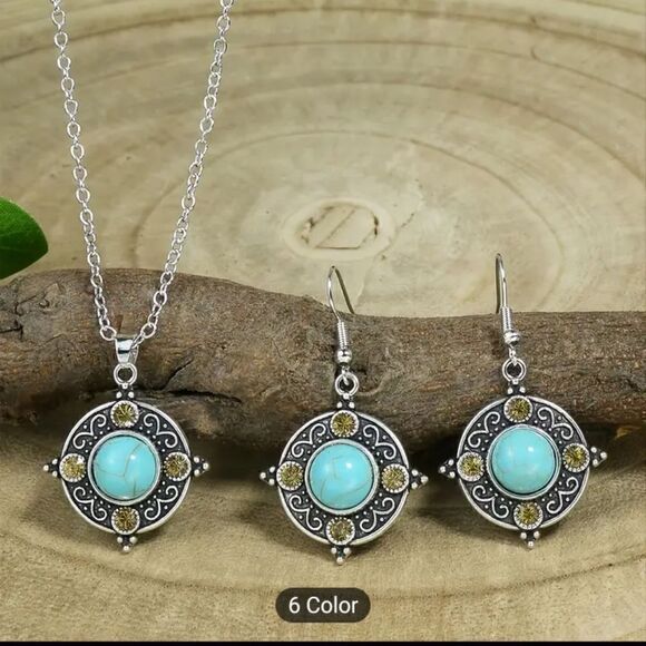 Necklace and earrings set turquoise dangle silver New e17 - Picture 1 of 2